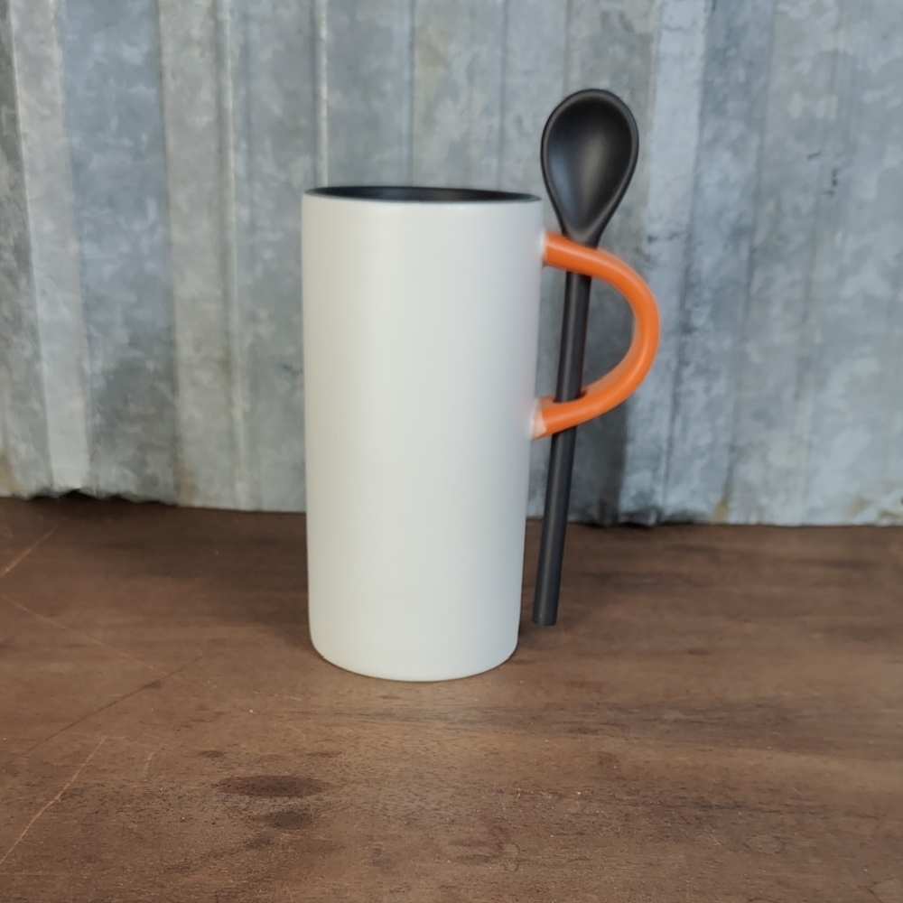 Teavana White Mug 8oz with Orange Handle and Black Spoon